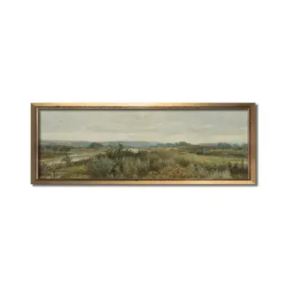Modern farmhouse panoramic wall art, Landscape oil painting, Above bed vintage artwork, Long narrow horizontal canvas, Antique river print