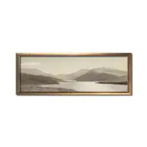 Panoramic wall art, Landscape aquarelle painting, Above bed vintage artwork, Modern farmhouse long horizontal canvas, Antique mountain print