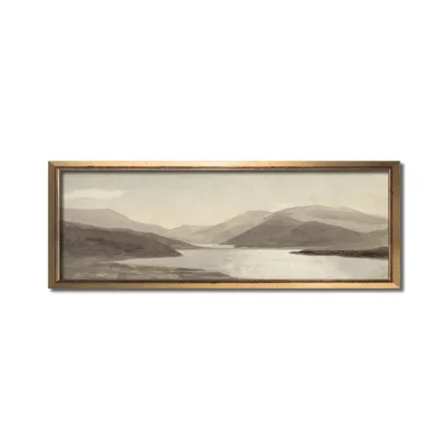 Panoramic wall art, Landscape aquarelle painting, Above bed vintage artwork, Modern farmhouse long horizontal canvas, Antique mountain print