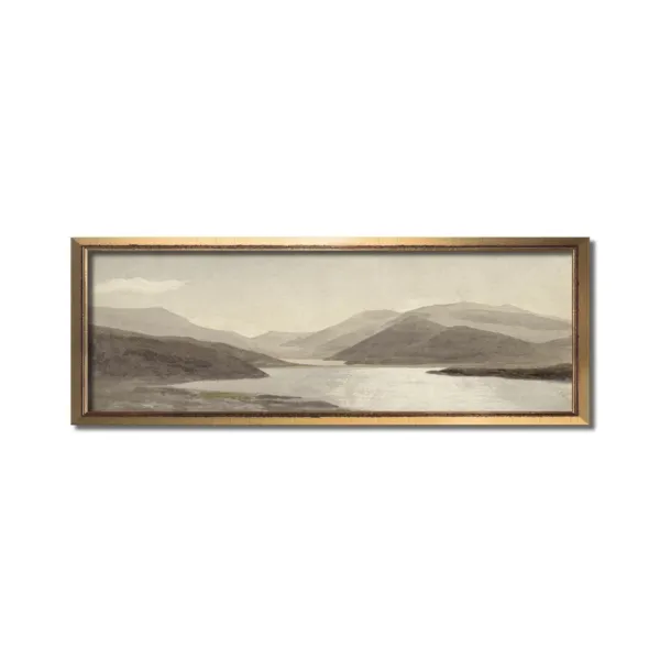 Panoramic wall art, Landscape aquarelle painting, Above bed vintage artwork, Modern farmhouse long horizontal canvas, Antique mountain print