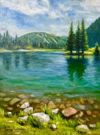 Copper Mountain and a Lake with Transparent Azure Water in Summer, Colorado Rockies, Original oil landscape painting on canvas, 16x12 inches