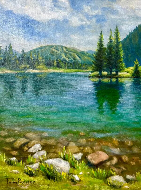 Copper Mountain and a Lake with Transparent Azure Water in Summer, Colorado Rockies, Original oil landscape painting on canvas, 16x12 inches