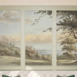 Pastel Vintage Landscape Watercolor painting River view Peel & Stick or Non Woven Wallpaper Tree Panoramic Ancient Riverside Retro Mural