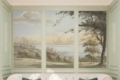 Pastel Vintage Landscape Watercolor painting River view Peel & Stick or Non Woven Wallpaper Tree Panoramic Ancient Riverside Retro Mural