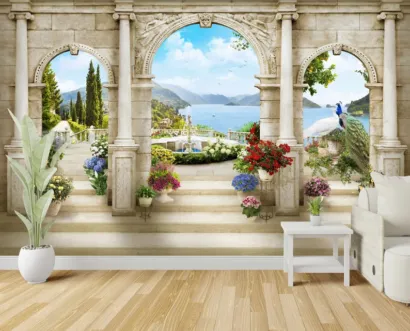 Antique Terrace large wall mural Old city removable wallpaper View of landscape Self-adhesive Arches wallpaper Columns greek wallpaper mural
