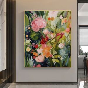 Original Green Flower Oil Painting on Canvas, Abstract Floral Painting, Boho Wall Art, Modern Floral Acrylic Painting Living Room Wall Decor
