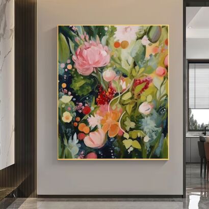 Original Green Flower Oil Painting on Canvas, Abstract Floral Painting, Boho Wall Art, Modern Floral Acrylic Painting Living Room Wall Decor