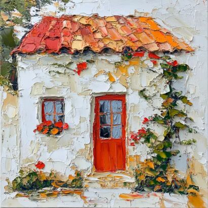 Irish Cottage Painting OOAK White Cozy Home Landscape Original Oil Painting Artwork 8"x8" Wall Art Home Decor Gift Idea by SkorokhoArtLine