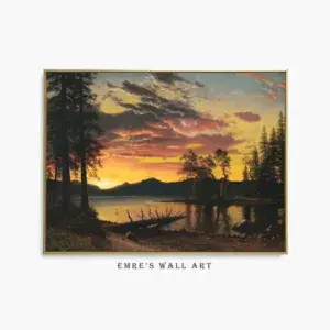 Vintage Lake House Wall Decor, Muted Landscape Wall Art, Sunset Oil Painting Print, Digital Nature Art Prints