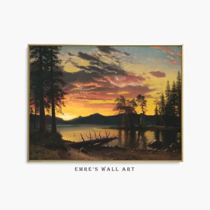 Vintage Lake House Wall Decor, Muted Landscape Wall Art, Sunset Oil Painting Print, Digital Nature Art Prints