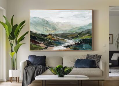 Original Mountain Oil Painting on Canvas 3d Green Wall Art Minimalist Landscape Oil Painting Abstract Texture Green Wall Art Large Wall Art