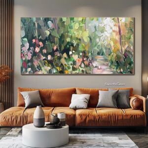 Abstract Textured Landscape Wall Art Large Original Abstract Oil Painting on Canvas Abstract Green Forest Wall Art Modern Bedroom Wall Art