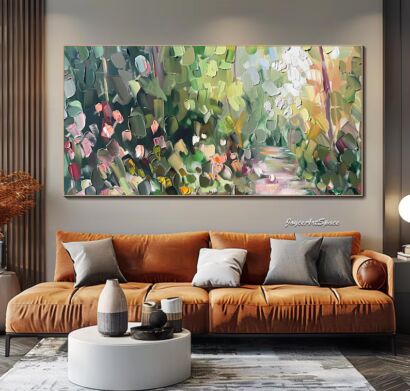 Abstract Textured Landscape Wall Art Large Original Abstract Oil Painting on Canvas Abstract Green Forest Wall Art Modern Bedroom Wall Art