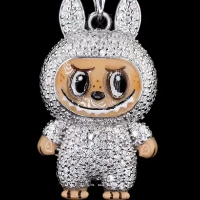 Labubu 14 Kt white Gold Doll Iced Out Lab Grown Diamond Pendant, Gift for her, Diamond Pendant, Hip Hop Jewelry