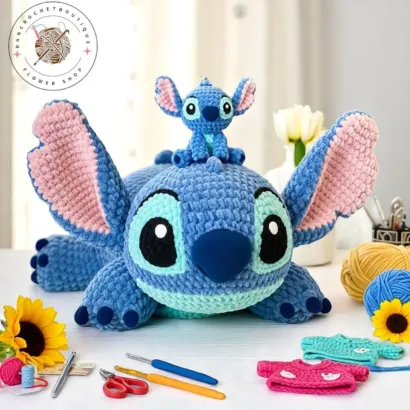 Stitch Crochet Plush Set, Big And Mini Alien Toy Duo, Cartoon Style, Handmade And Finished – Gift For Disney Fans Or Collectors